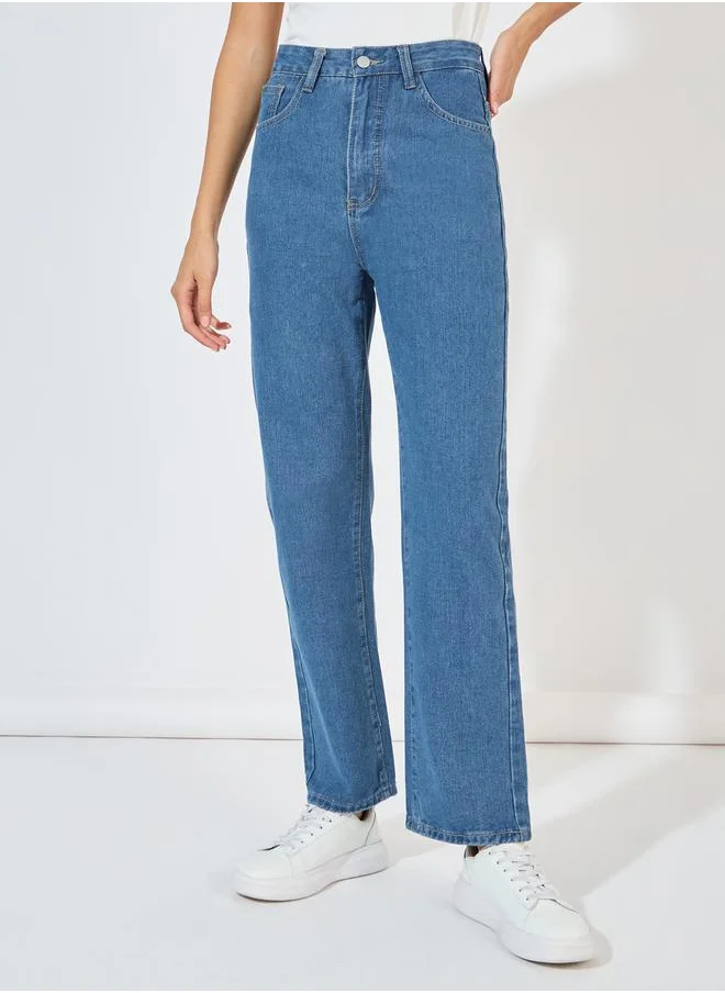 Styli High Rise Straight Fit Jeans with Pockets