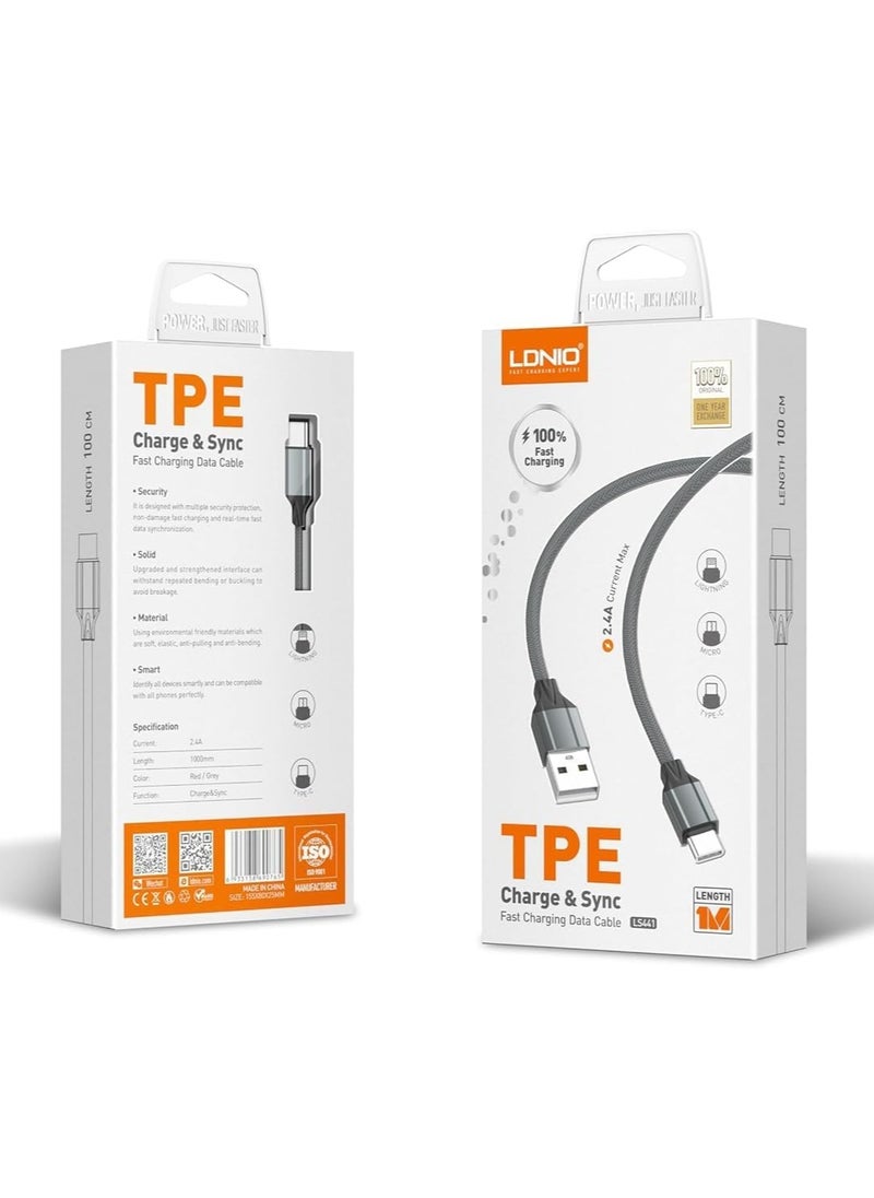 لدنيو - كابل شحن سريع LDNIO LS441 تايب سي – قوة 2.4 أمبير – سلك TPE مقاوم للثني – طول 1 متر – رمادي - Image 1