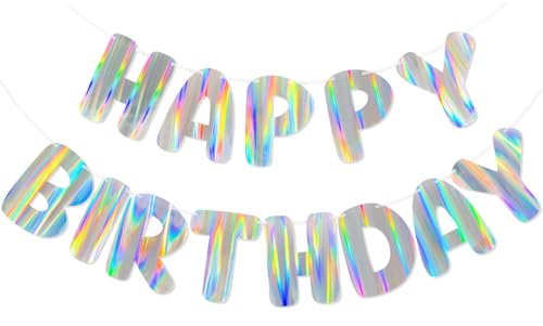 Merrivo Iridescent Happy Birthday Banner PreStrung Holographic Birthday Decorations Vibrant Party Sign with Aurora Rainbow Effects - Image 1