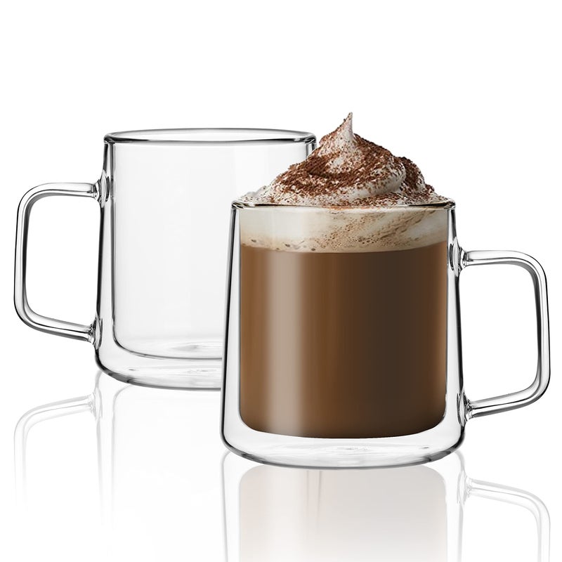 CNGLASS 12oz Glass Coffee MugsDouble Wall Insulated Glass Cups with HandleClear Espresso Mugs for LatteCappuccinoTea BagSet of 2