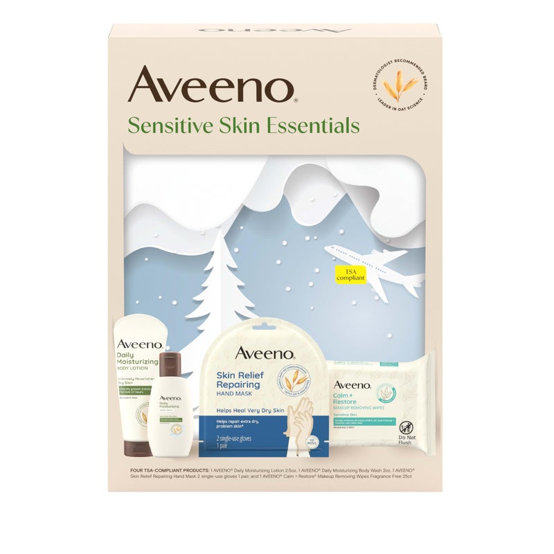 Aveeno Sensitive Skin Essentials Gift Set with Daily Moisturizing Lotion, Daily Moisturizing Body Wash, Calm + Restore Makeup Removing Wipes, & Skin Relief Repairing Hand Mask, 4 items - Image 1