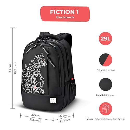 Gear Fiction 1 Backpack 17"/29L Medium Water Resistant School Bag/Casual Backpack/Daypack/Kids Bag for Boys/Girls (Black-Red) - Image 2
