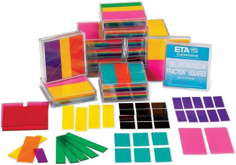 hand2mind Plastic Rainbow Fraction Squares, Bulk Math Manipulative Kit for the Classroom (15 Sets of 51 Tiles) - Image 1