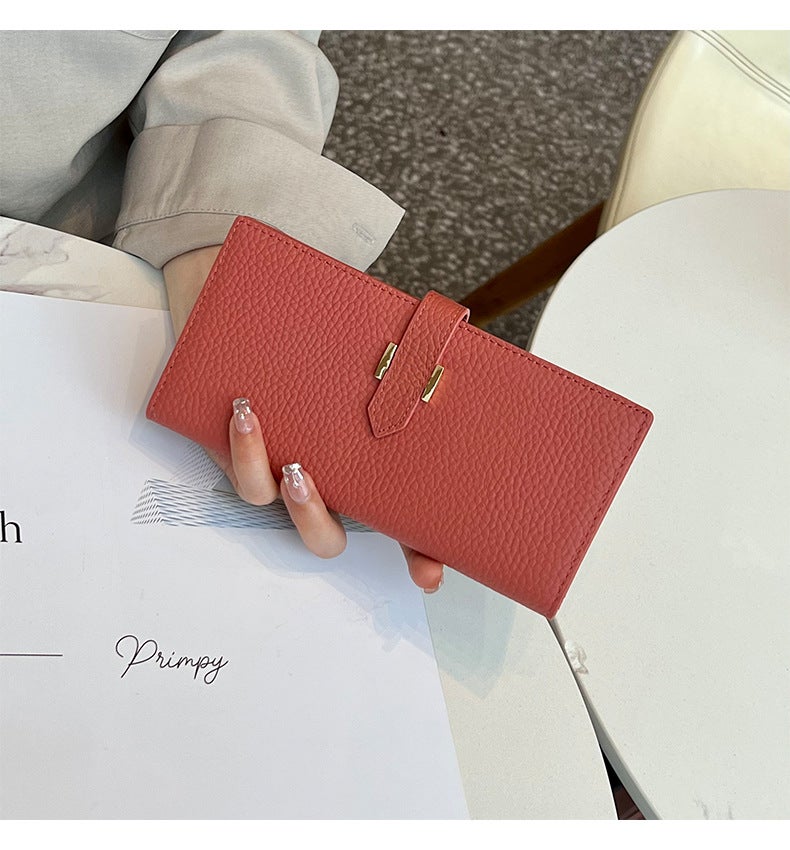 Genuine Leather Long Womens Wallet Hot-selling Top-layer Cowhide Two-fold Clutch Bag Womens Multi-card Design Mobile Phone Bag watermelon red
