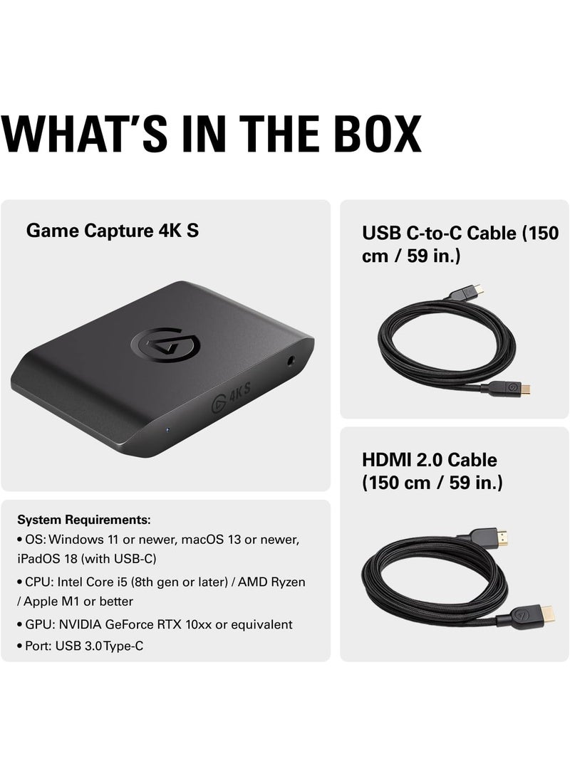 إلجاتو Elgato 4K S – External Capture Card for PS5, Xbox Series X/S, Switch 2, PC, Mac, iPad | 4K60, 1440p120, or 1080p240 Passthrough and Capture, HDR10, VRR, USB-C, Near-Zero Latency black - Image 2