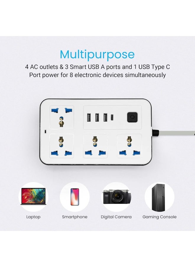 ترينفي سلك تمديد عالمي 9 في 1 - شريط طاقة رباعي الاتجاهات مع 3 فتحات USB ومنفذ شحن سريع PD من النوع C - سلك تمديد بطول 2 متر مع 4 مقابس طاقة للمنزل والمكتب والإلكترونيات، شريط طاقة مع باب أمان للأطفال وحماية للأطفال، شريحة ذكية بالداخل ومفتاح تحميل زائد المزيد من وظائف السلامة (قد يختلف اللون المتوفر باللونين الأبيض والأسود) (قد يختلف اللون المتوفر باللونين الأبيض والأسود)  - Image 4