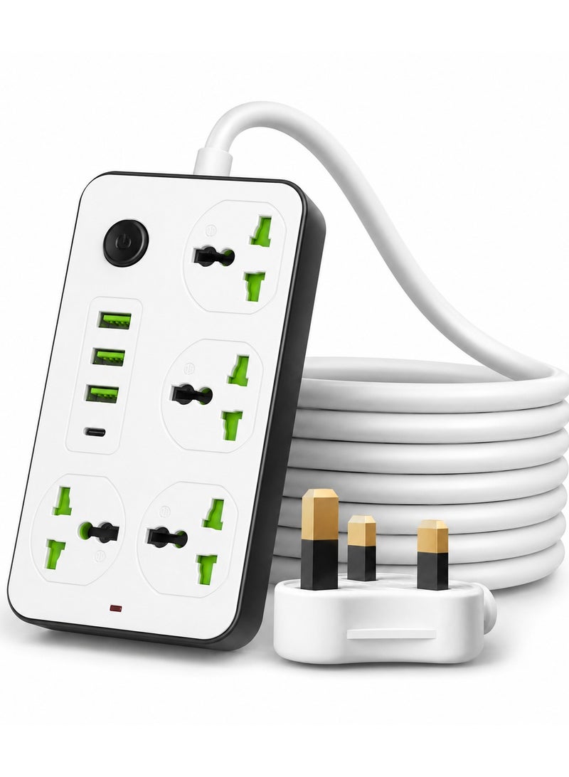 Trendify 9 in 1 Universal Extension Cord – 4 Way Power Strip with 3 USB Slots & 1 Type-C PD Fast Charging Port – 2 Meter Extension Lead with 4 Power Sockets for Home, Office & Electronics, Power Strip with Child Security Door and Kids Protection, Smart Chip Inside and Over Load Switch More Safety Functionality - Image 1