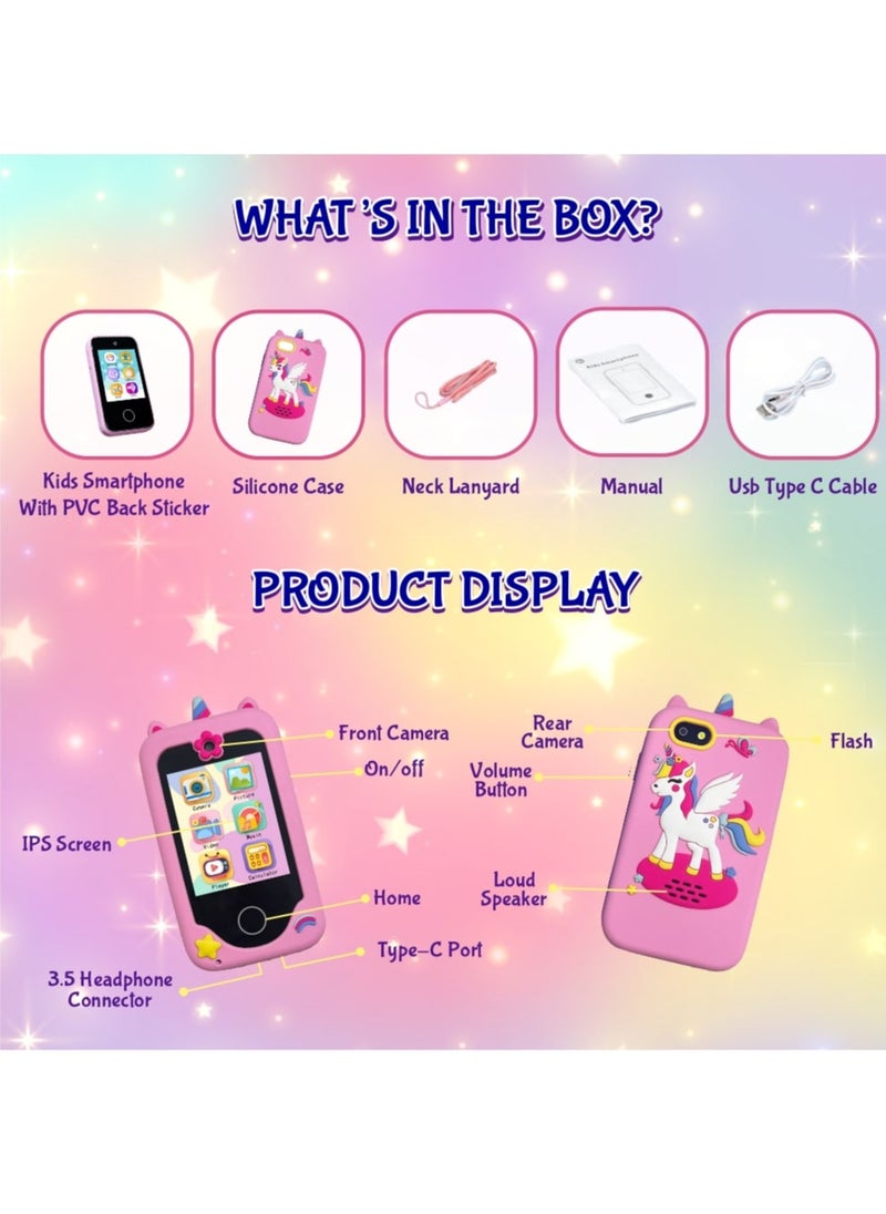 ESSEN - Kids Smart Phone Toys for Girls Ages 3-8 Toddler Play Travel Toys with Dual Camera Educational Learning Games Puzzles MP3 Music Player Birthday Gifts for Kids Girls 3 4 5 6 7 8 Year Old - Image 1