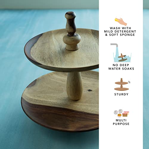 Ellementry Sheesham 2 Tier Cake Stand, Round Cup Cake Stand for Fruit & Desserts, Stylish Pizza Stand for Parties, Weddings & Birthday Celebrations - Image 3