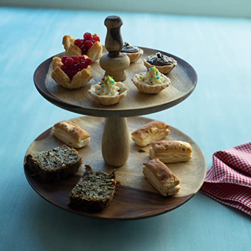 Ellementry Sheesham 2 Tier Cake Stand, Round Cup Cake Stand for Fruit & Desserts, Stylish Pizza Stand for Parties, Weddings & Birthday Celebrations - Image 1
