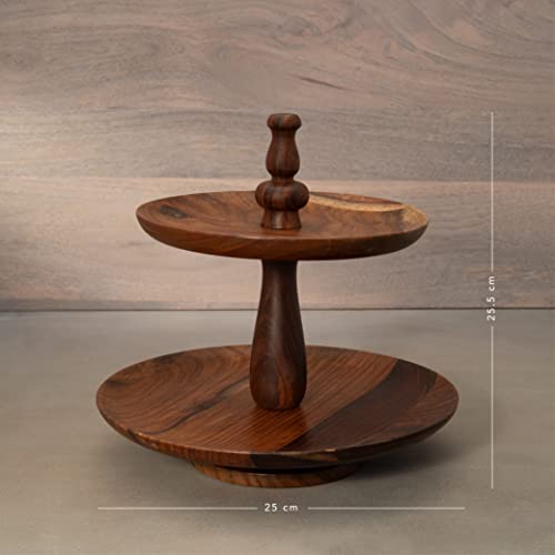 Ellementry Sheesham 2 Tier Cake Stand, Round Cup Cake Stand for Fruit & Desserts, Stylish Pizza Stand for Parties, Weddings & Birthday Celebrations - Image 4