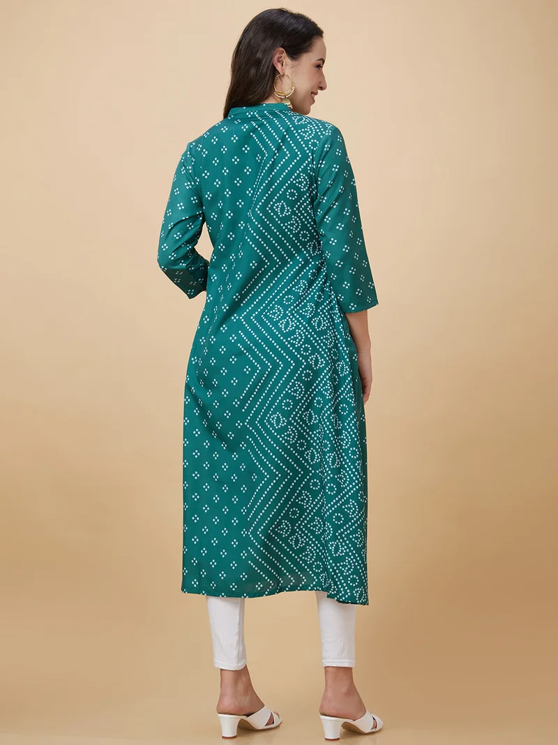globus Women Bandhani Printed Mandarin Collar A-Line Kurta