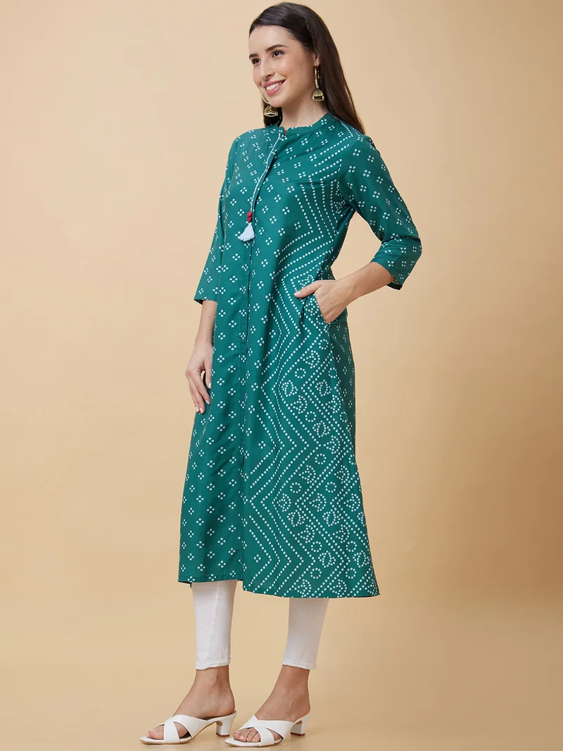 globus Women Bandhani Printed Mandarin Collar A-Line Kurta