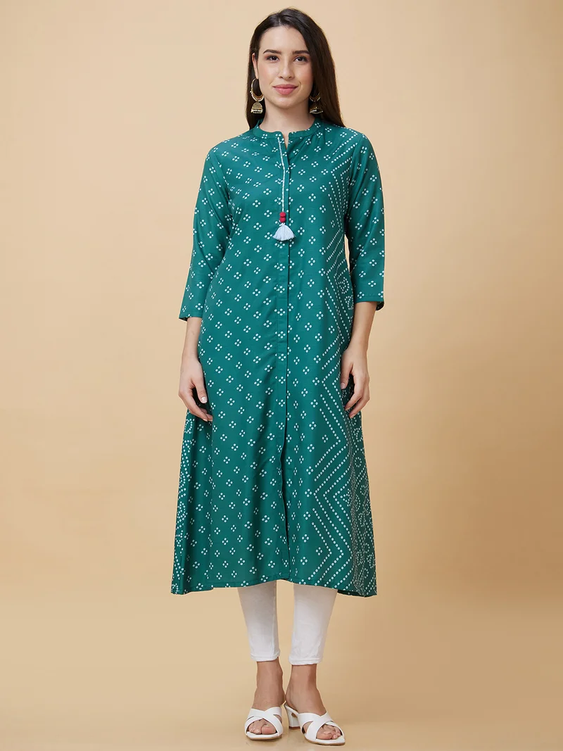 globus Women Bandhani Printed Mandarin Collar A-Line Kurta
