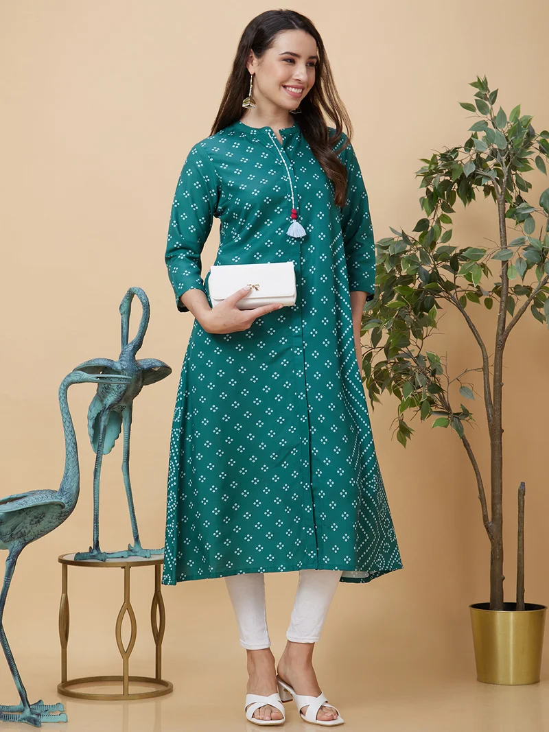 globus Women Bandhani Printed Mandarin Collar A-Line Kurta