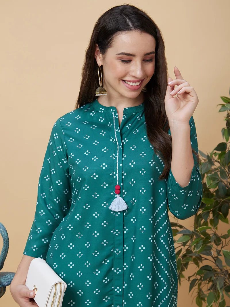globus Women Bandhani Printed Mandarin Collar A-Line Kurta