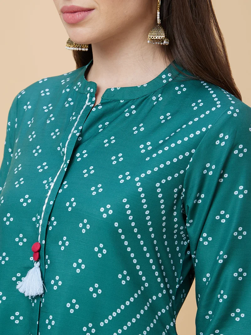 globus Women Bandhani Printed Mandarin Collar A-Line Kurta