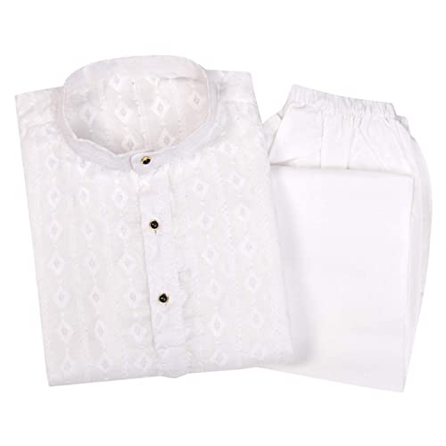superminis Baby Boys Ethnic Wear Colored Cotton Geometric Chikankari Kurta, Round Collar, Full Sleeves With White Pyjama, Kurta Set (White, 2-3 Years) - Image 1