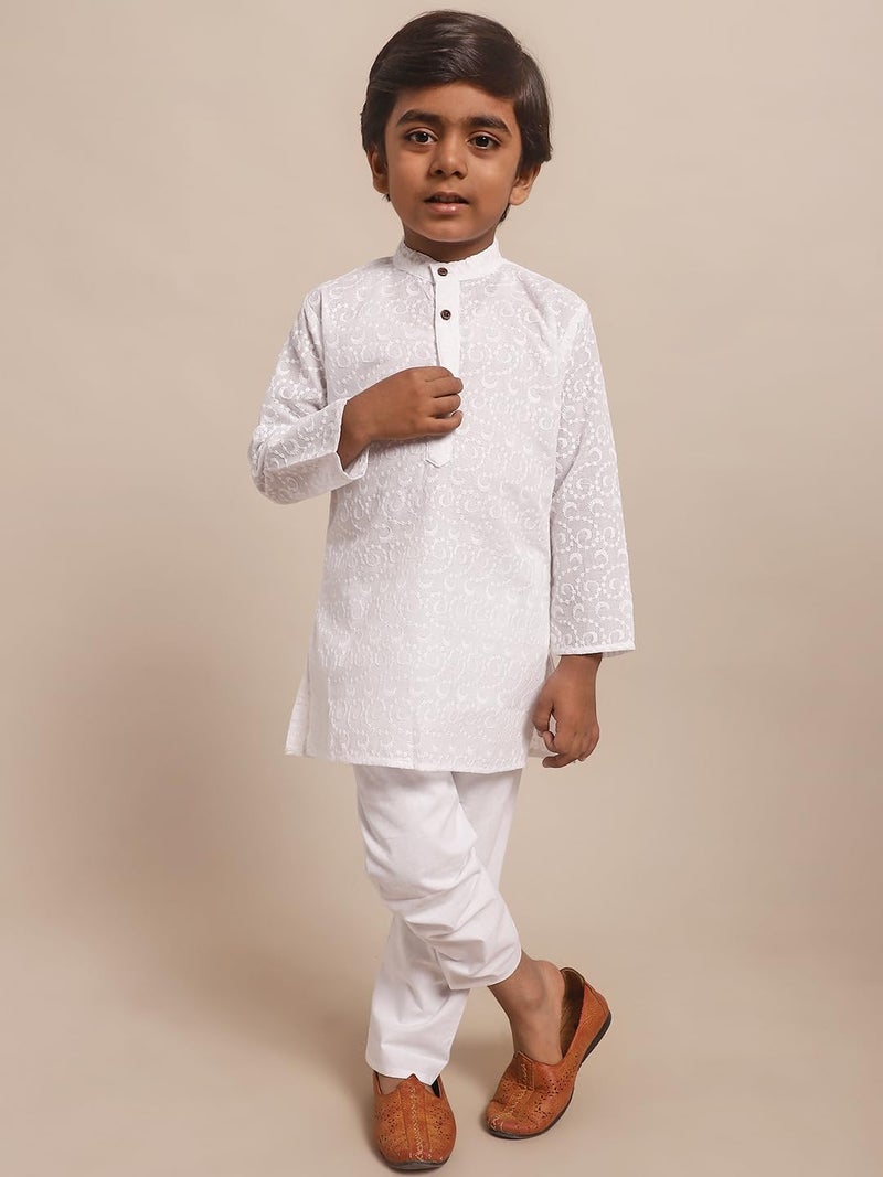 superminis Baby Boys Ethnic Wear Colored Cotton Geometric Chikankari Kurta, Round Collar, Full Sleeves With White Pyjama, Kurta Set (White, 2-3 Years) - Image 2