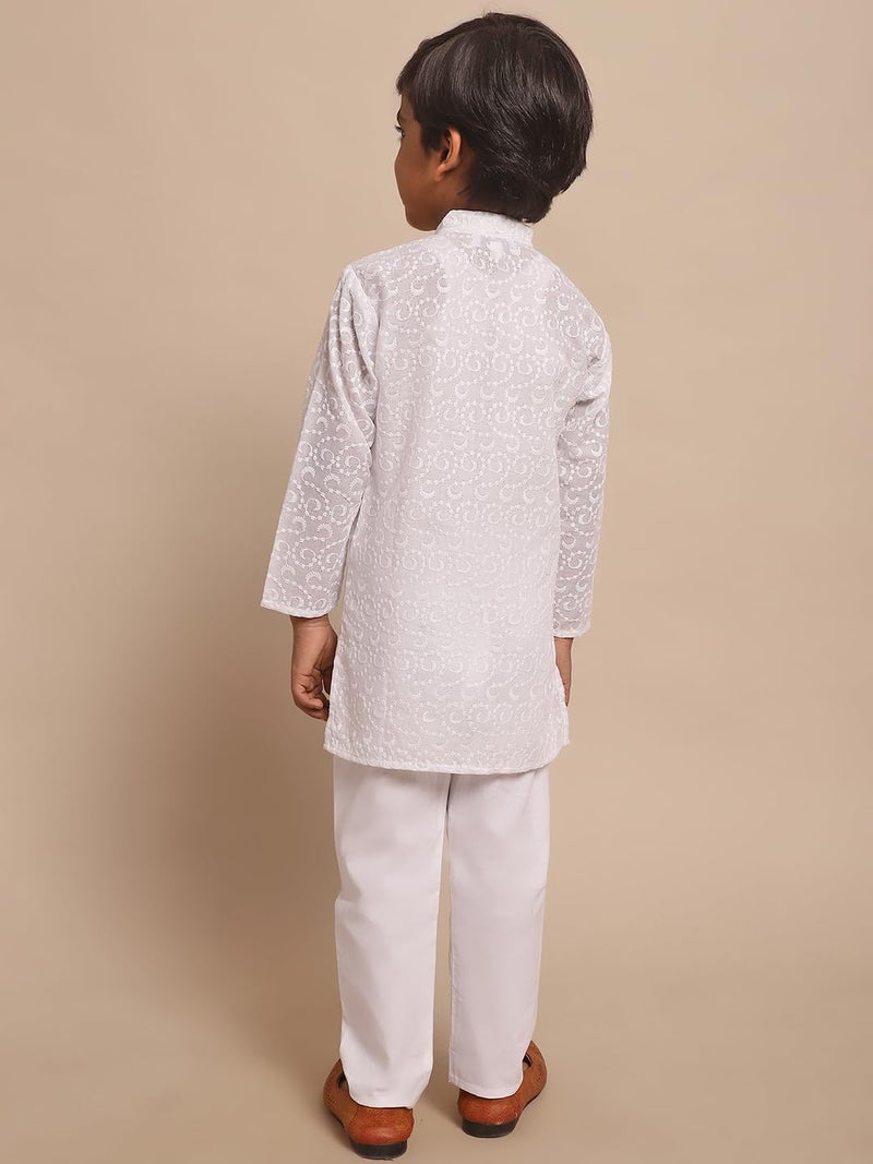 superminis Baby Boys Ethnic Wear Colored Cotton Geometric Chikankari Kurta, Round Collar, Full Sleeves With White Pyjama, Kurta Set (White, 2-3 Years) - Image 3