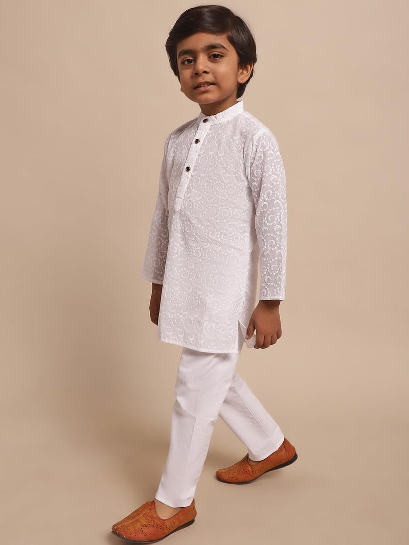 superminis Baby Boys Ethnic Wear Colored Cotton Geometric Chikankari Kurta, Round Collar, Full Sleeves With White Pyjama, Kurta Set (White, 2-3 Years) - Image 4