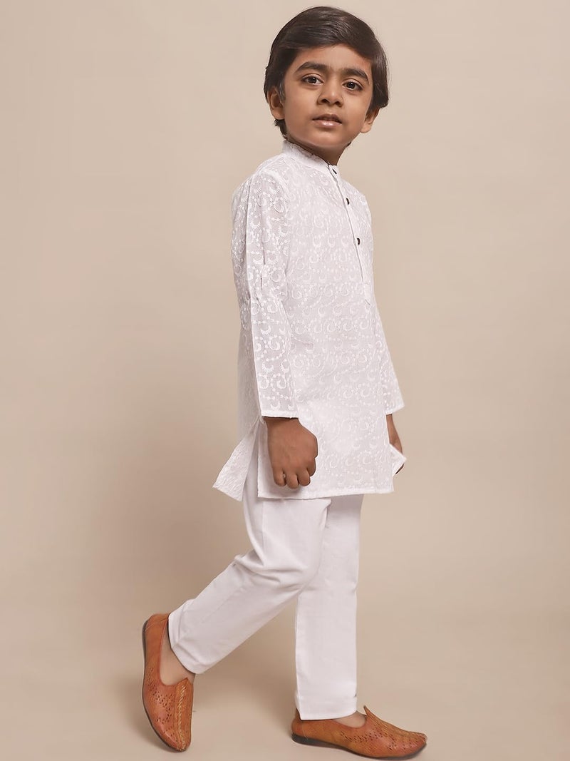 superminis Baby Boys Ethnic Wear Colored Cotton Geometric Chikankari Kurta, Round Collar, Full Sleeves With White Pyjama, Kurta Set (White, 2-3 Years) - Image 5
