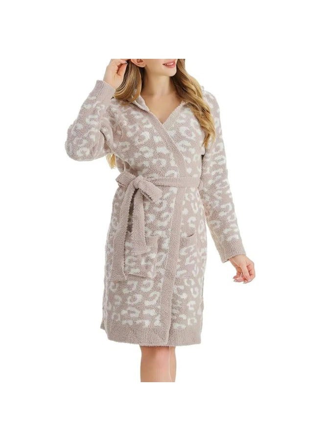 Bearberry Long Hooded Robe Cozy Chic In The Wild Robe Lightweight Soft Plush Bathrobe with Pockets for Women, Stone/Cream, One size - Image 1