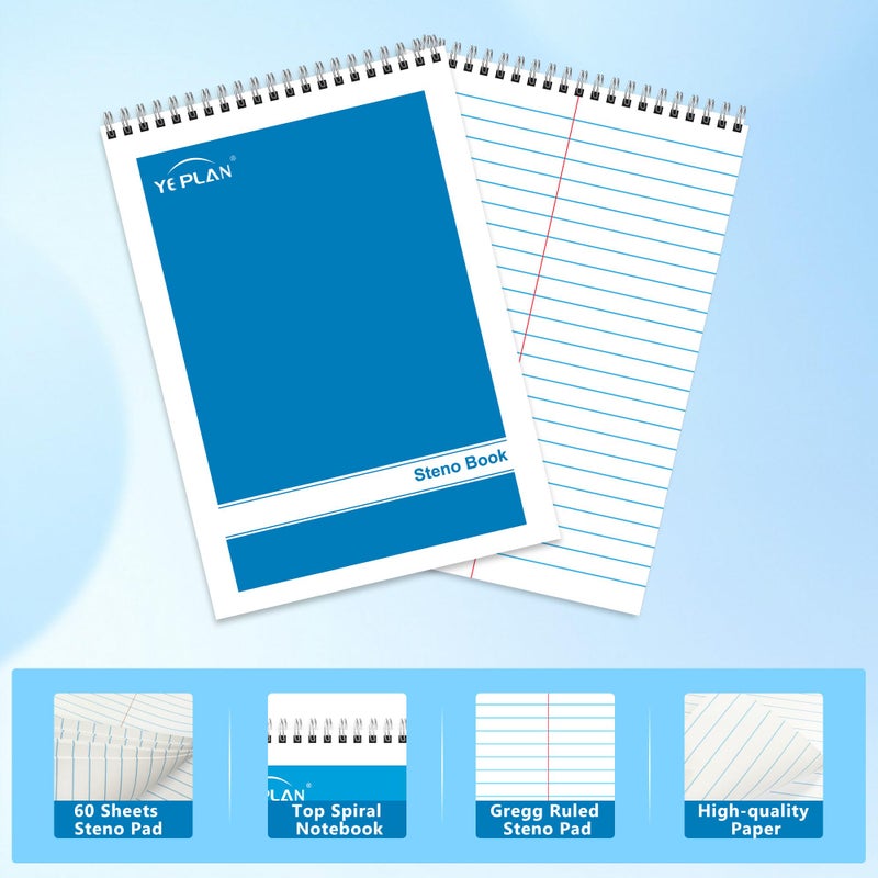 Yeplan Top Spiral Notebook 6x9 6 Pack, Steno Pads Spiral Notebooks with Gregg Ruled White Paper, Notebooks & Writing Pads for School, College, Work, Office, Home, 60 Sheets, 6 Assorted Colors - Image 3