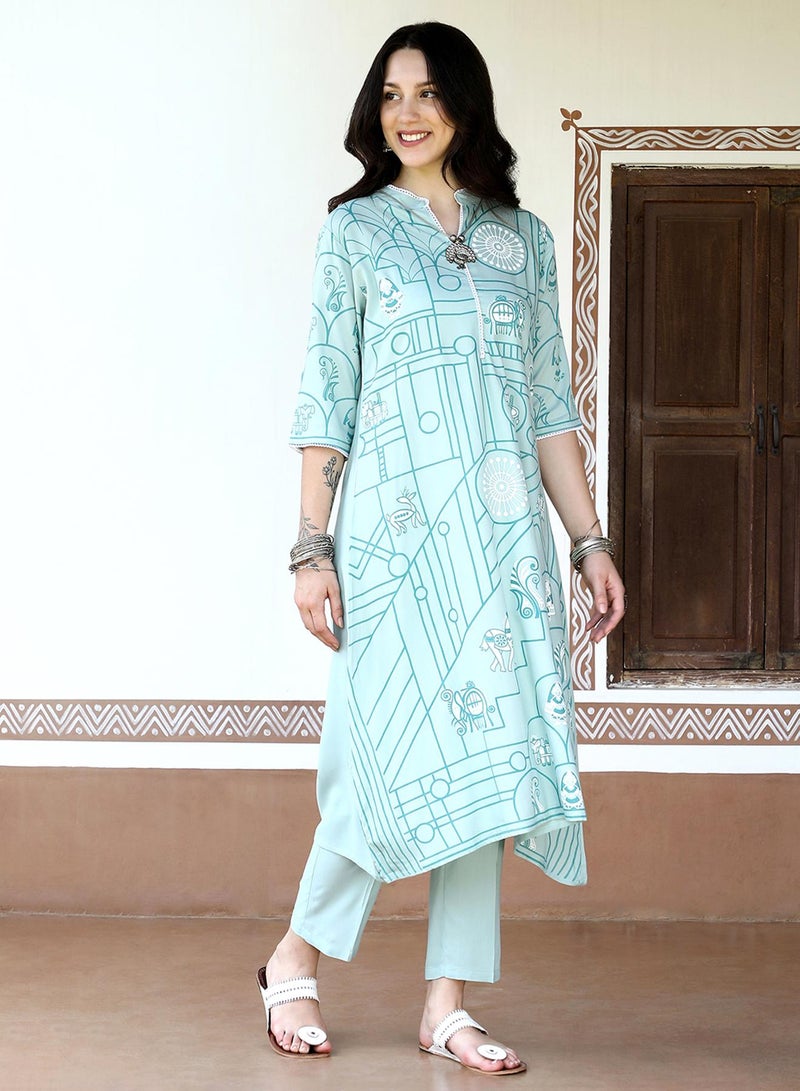  قصة Women's Pear Green Metallic Flora Print Kurta With Pear Green Trousers Set  - Image 3