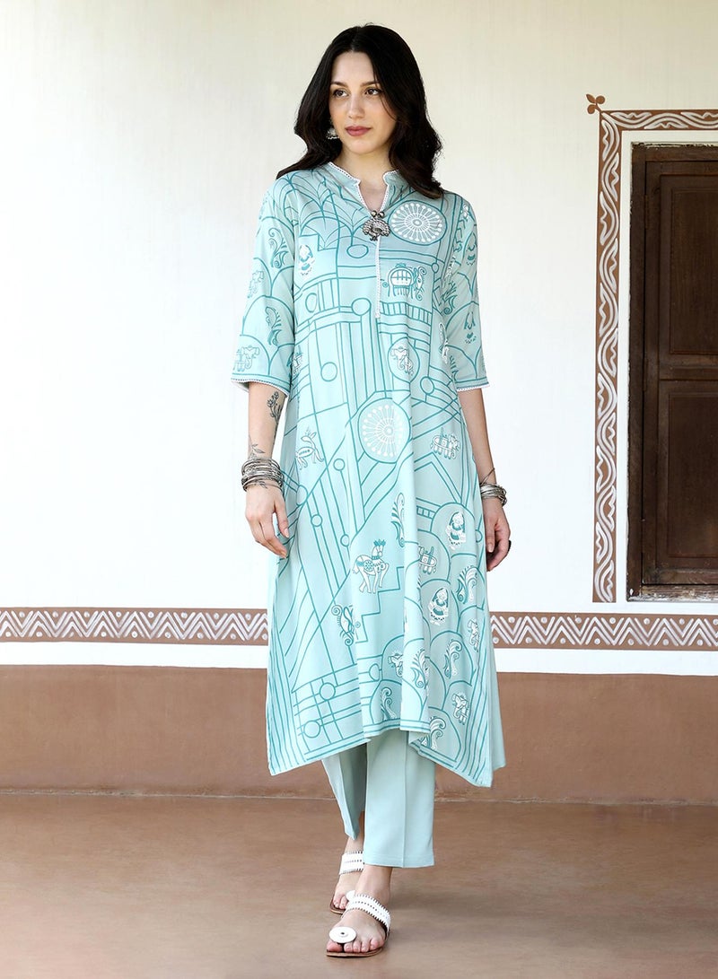  قصة Women's Pear Green Metallic Flora Print Kurta With Pear Green Trousers Set  - Image 2