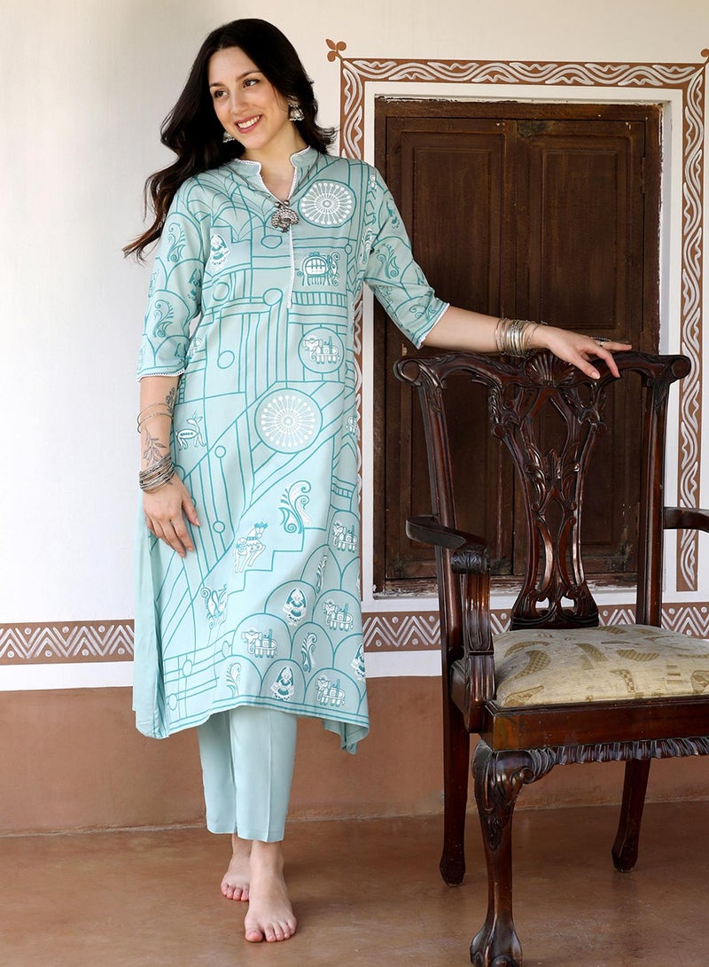 قصة Women's Pear Green Metallic Flora Print Kurta With Pear Green Trousers Set  - Image 5