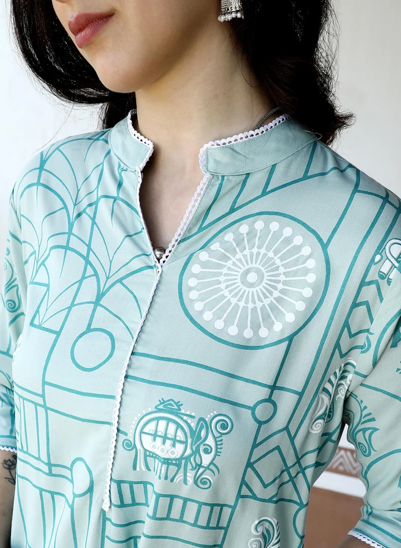 QISSA Women's Pear Green Metallic Flora Print Kurta With Pear Green Trousers Set