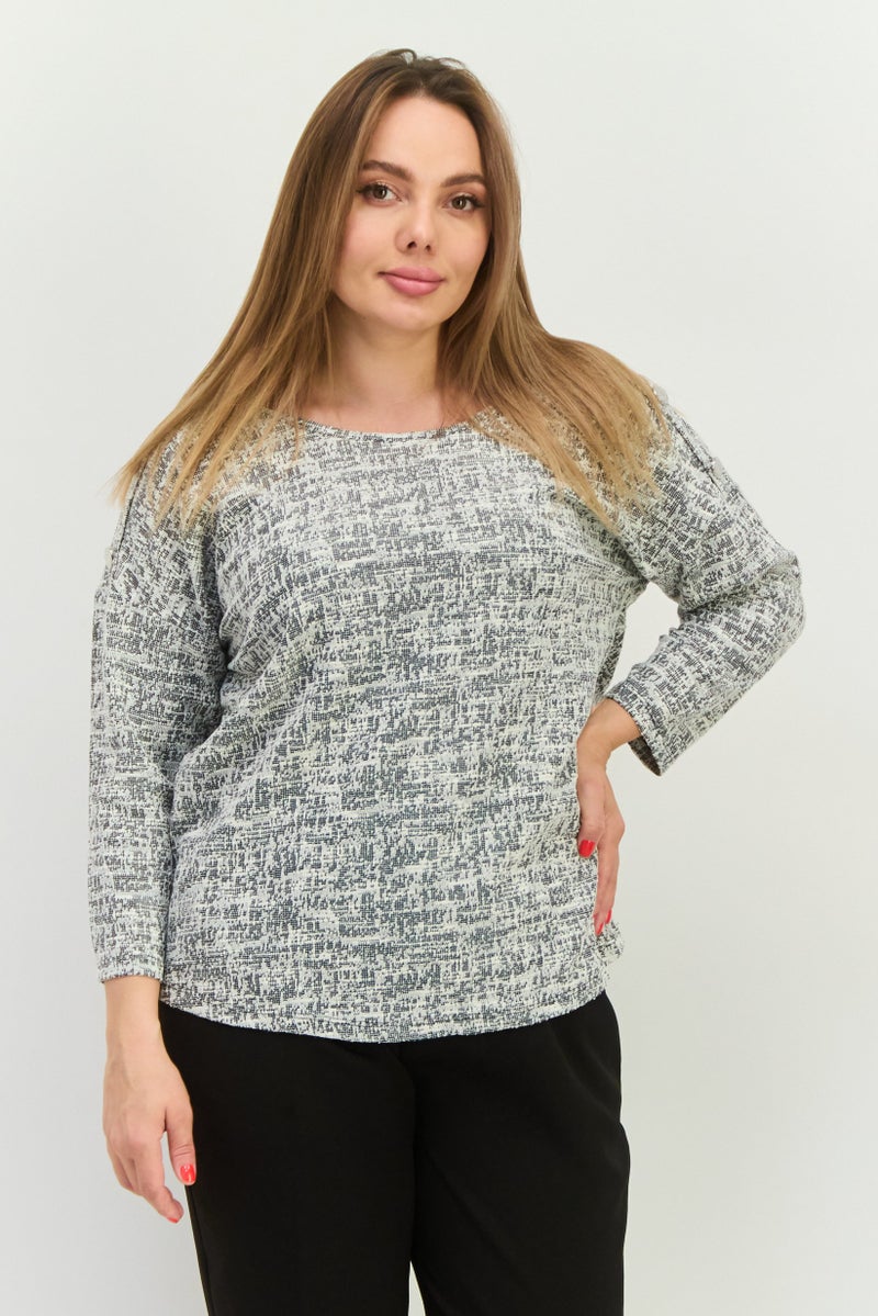 Love Scarlett Women Round Neck Long Sleeve Textured Blouse, Black Combo - Image 1