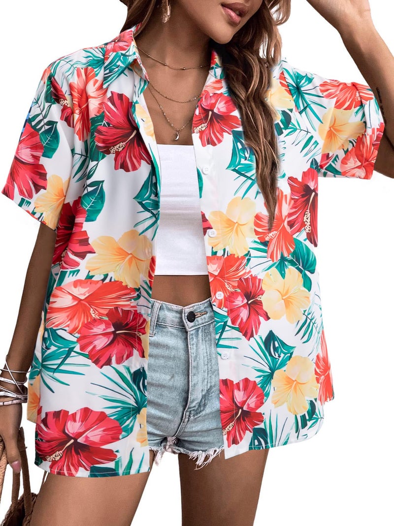 MYHALF Women Hawaiian Shirt Soft Cool Summer Hawaii Shirts Floral Tropic Print V Neck T-Shirt Short Sleeve Button Up Tops - Image 1