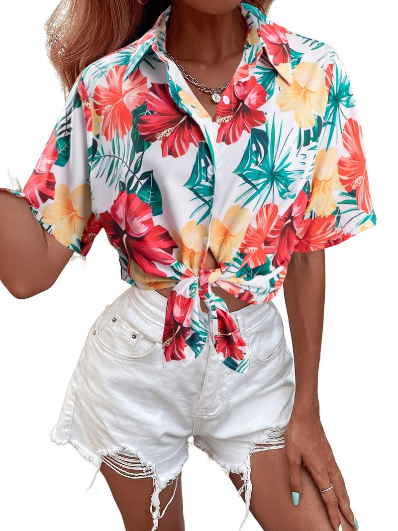 MYHALF Women Hawaiian Shirt Soft Cool Summer Hawaii Shirts Floral Tropic Print V Neck T-Shirt Short Sleeve Button Up Tops - Image 4
