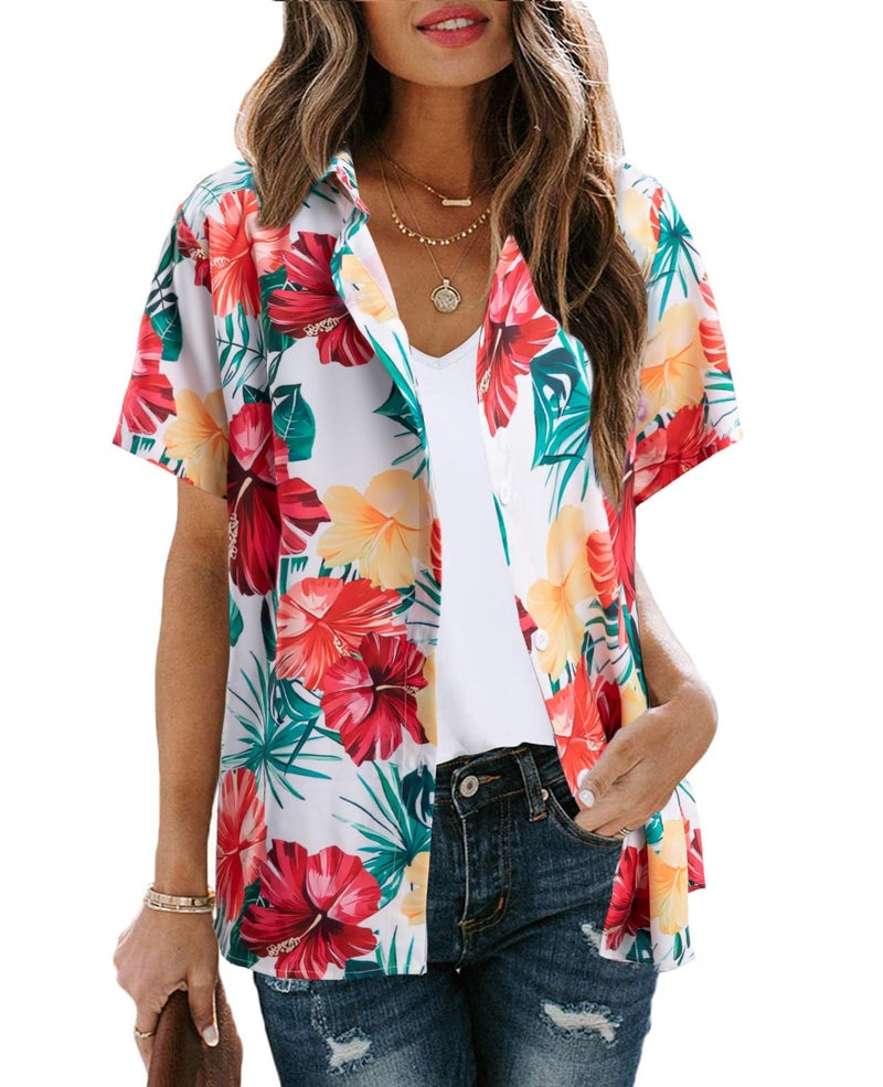 MYHALF Women Hawaiian Shirt Soft Cool Summer Hawaii Shirts Floral Tropic Print V Neck T-Shirt Short Sleeve Button Up Tops - Image 2