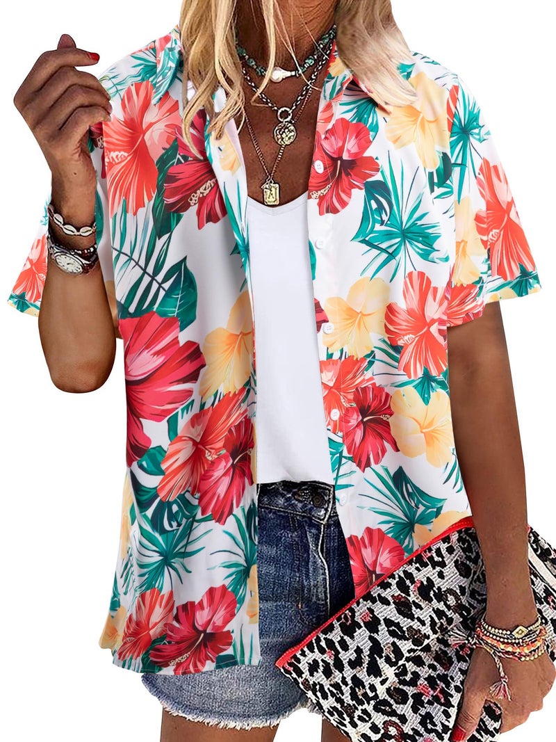 MYHALF Women Hawaiian Shirt Soft Cool Summer Hawaii Shirts Floral Tropic Print V Neck T-Shirt Short Sleeve Button Up Tops - Image 3