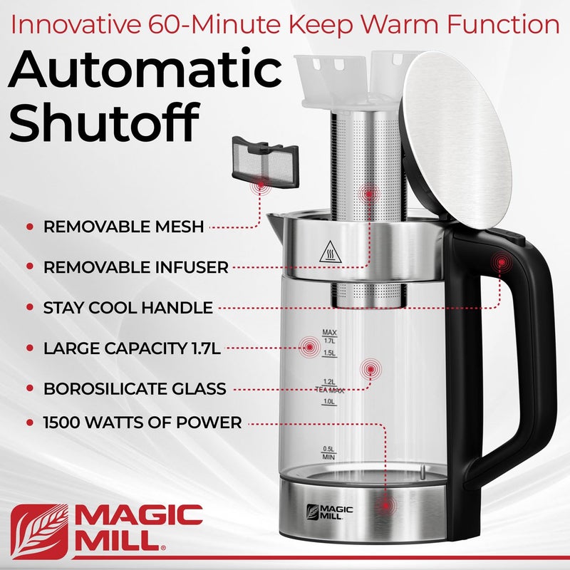 Magic Mill Pro Electric Kettle with tea Infuser and Temperature Control - Keep Warm Function, Rapid Boil, Automatic Safety Shut Off, BPA Free, No Plastic on Water, British Patent Technology,Large 1.7L - Image 2