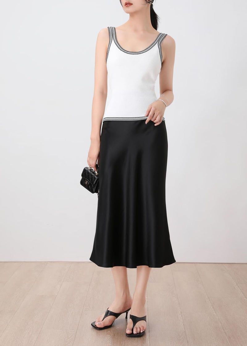 Keasmto Black Skirt for Women Midi Length High Waist Silk Satin Elasticized A Line Trendy Summer Casual Ladies Skirts M - Image 1