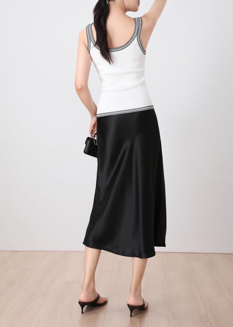 Keasmto Black Skirt for Women Midi Length High Waist Silk Satin Elasticized A Line Trendy Summer Casual Ladies Skirts M - Image 2