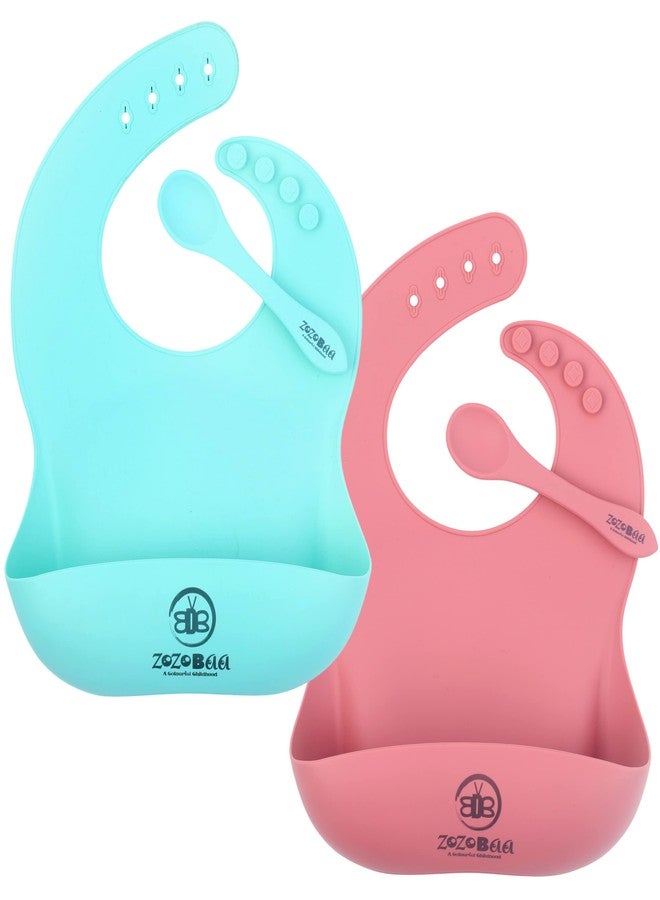 ZoZoBaa Silicone Baby Bib with Easy Grip Spoon For Feeding Toddlers|Waterproof & Reusable Bib with button for Infants |Soft, Light Weight, BPA Free, 2 Set, Green & Dark Red - Image 1