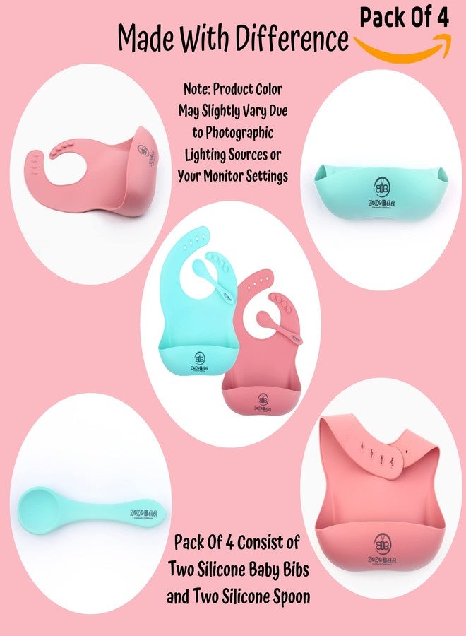 ZoZoBaa Silicone Baby Bib with Easy Grip Spoon For Feeding Toddlers|Waterproof & Reusable Bib with button for Infants |Soft, Light Weight, BPA Free, 2 Set, Green & Dark Red - Image 5