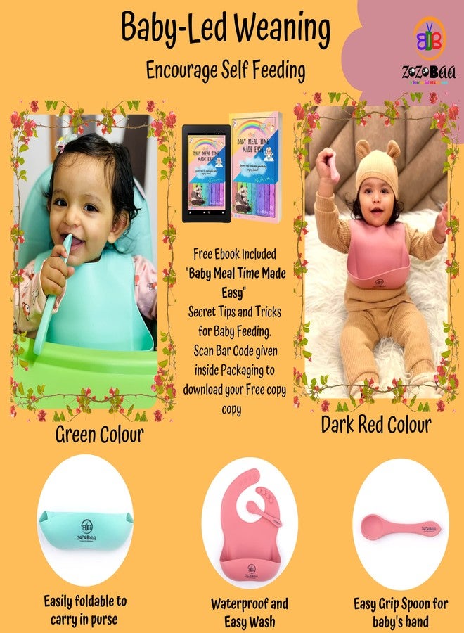 ZoZoBaa Silicone Baby Bib with Easy Grip Spoon For Feeding Toddlers|Waterproof & Reusable Bib with button for Infants |Soft, Light Weight, BPA Free, 2 Set, Green & Dark Red - Image 4