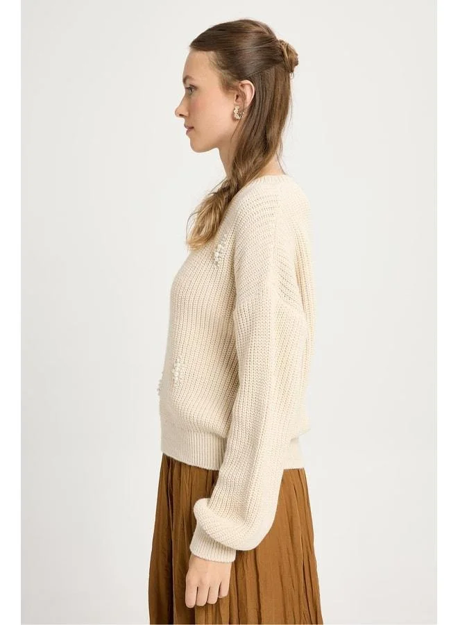 mina aise Women's Stone Pearl Detailed Knit Sweater 30035.