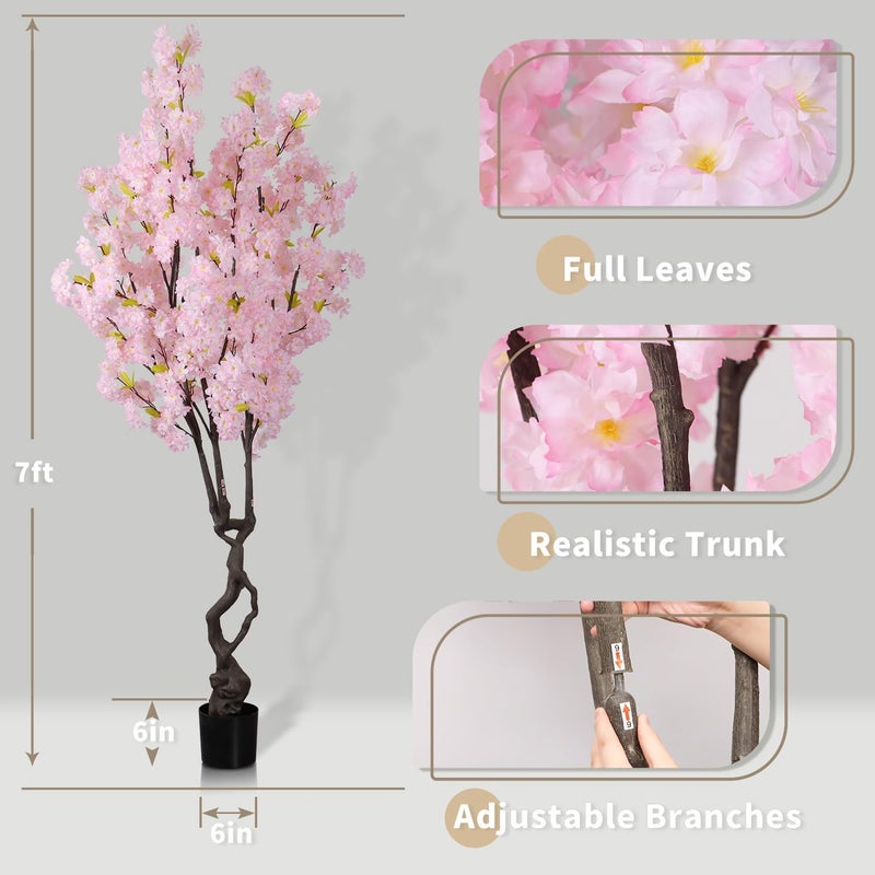 DRACIT Artificial Pink Cherry Blossom Tree,7ft(84in) Faux Japanese Sakura Indoor Decoration,Natural Fake Cherry Floral Tree Outdoor Decor,Realistic Silk Pink Flowers for Living Room,Office,Wedding Party - Image 5