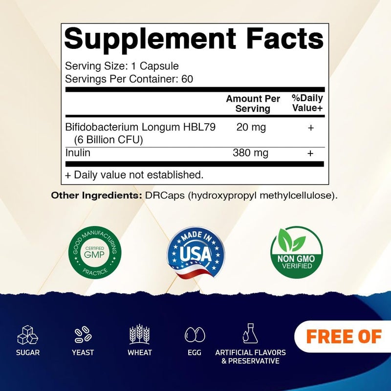 Vitamatic فيتامينات بيفيدوبكتيريوم لونغوم 6 مليار وحدة تشكيل مستعمرات لكل كبسولة DR 60 عدداً تعزز صحة الأمعاء مصنوعة من ألياف الإينولين البريبايوتيك - Image 2