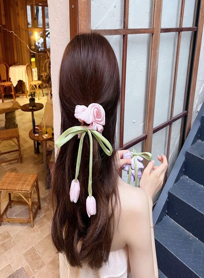 DORMITORRY إكسسوار شعر على الطراز الكوري على شكل زهرة التوليب للنساء والفتيات، ربطة شعر من الساتان مع شرابات طويلة على شكل فيونكة، حامل ذيل حصان زهري لطيف، رباط مطاطي مرن للكعكة، للحفلات، وحفلات الزفاف - قطعتان، متعدد الألوان. - Image 5