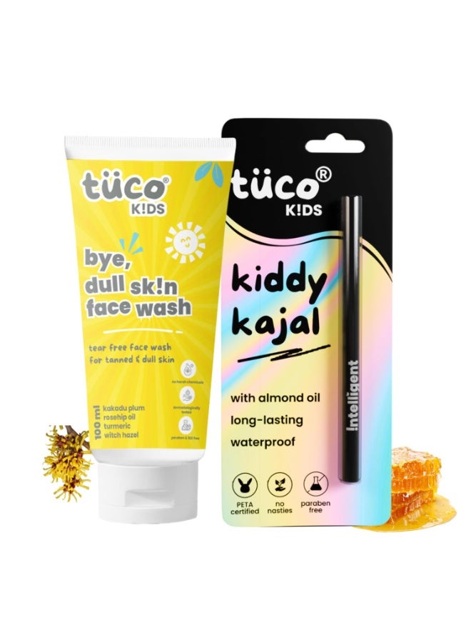 TuCo مجموعة Tuco® المزدوجة: غسول الوجه للأطفال وكحل "كيدي كاجال" (Kiddy Kajal) | تفتيح البشرة الباهتة | يحتوي على الكركم وبرقوق الكاكادو | متوازن الحموضة ولطيف على العينين (لا يسبب الدموع) | مناسب للأعمار من 2 إلى 15 عاماً | خالٍ من البارابين والكبريتات - Image 1