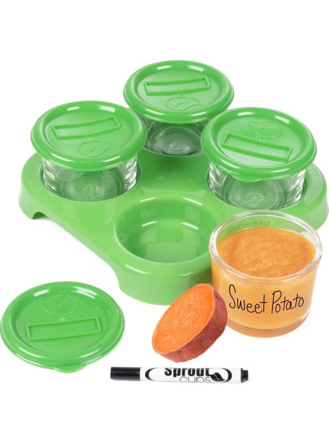 Sprout Cups Glass Baby Food Storage Containers w Write What You Want Lids (4 Pk)- 2oz Jars with Storage Tray & Dry-Erase Marker- Microwave, Freezer, & Dishwasher Safe- For Homemade Babyfood, Breast Milk- BPA Free - Image 1