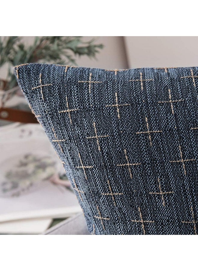 MIULEE عبوة من 2 أغطية وسائد خارجية من الكتان المزخرف من الجوت حديثة الطراز مزينة بلمسة عتيقة غطاء وسادة قماشية منسوجة ذات نسيج ريفي للكنبة أو السرير 18x18 بوصة زرقاء - Image 1